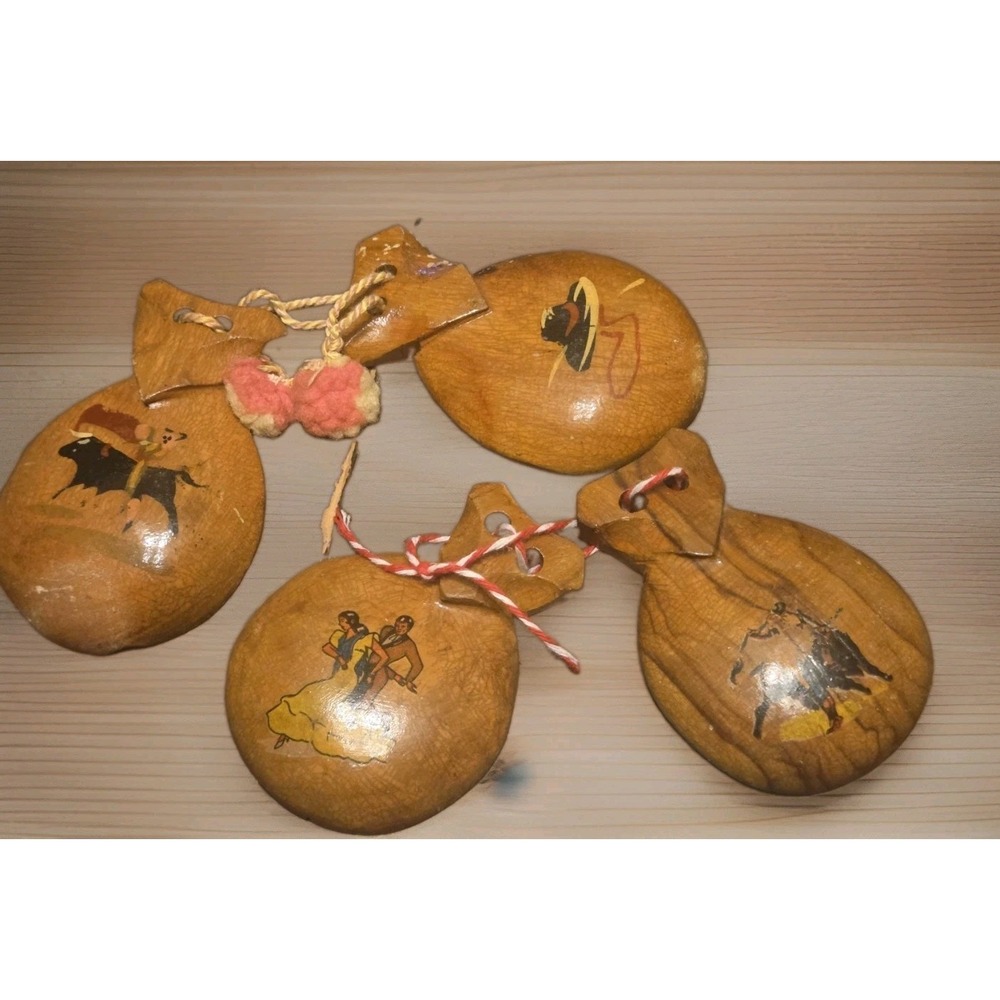 Vintage Spanish Wooden Flamenco Castanets Pair Hand Painted Dancers & Bullfight